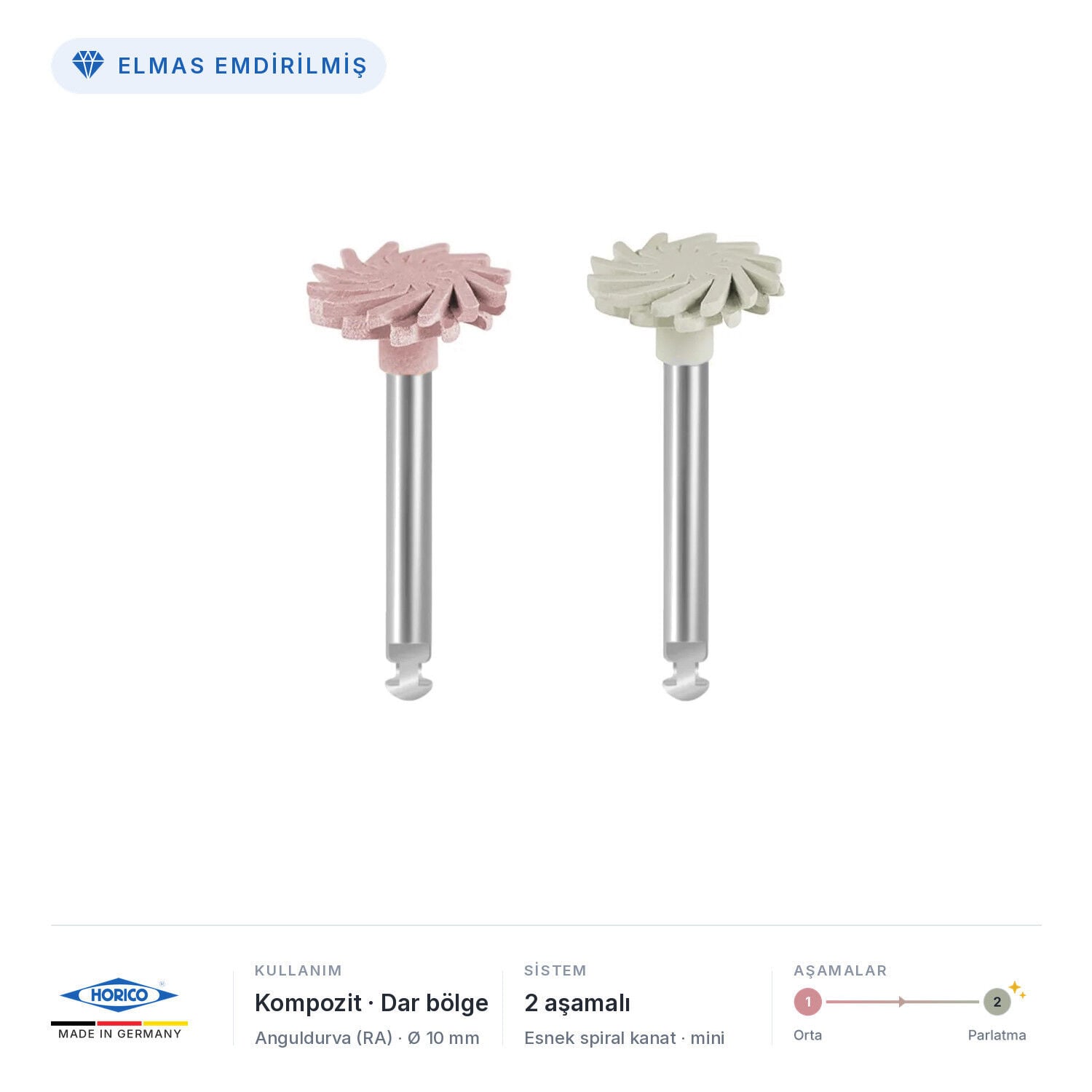 Horico Lamello Kompozit Parlatma Lastiği Mini, anguldurva, Ø 10 mm, dar bölge, elmas emdirilmiş, tekli