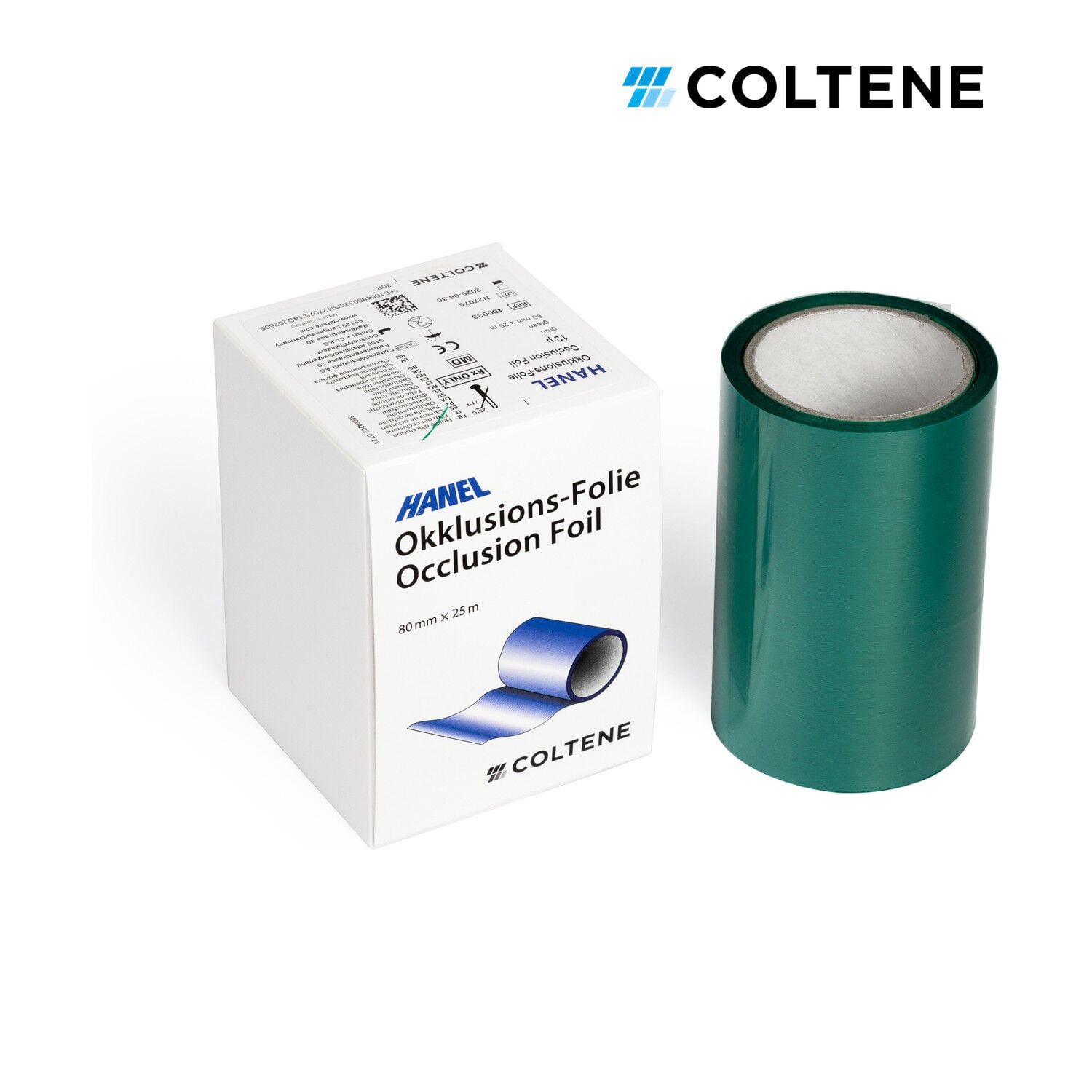Coltene Hanel oklüzyon folyosu 12 µ, tek taraflı, 80 mm × 25 m, yeşil