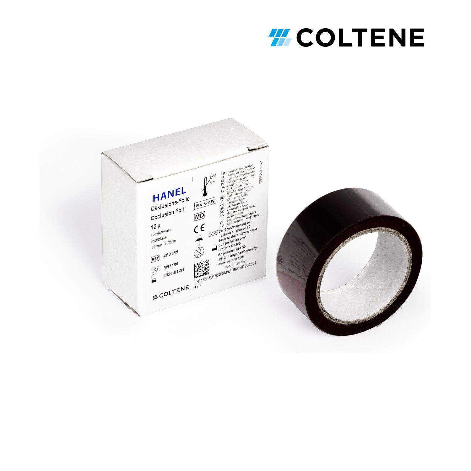 Coltene Hanel oklüzyon folyosu 12 µ, çift taraflı, 22 mm × 25 m, kırmızı / siyah
