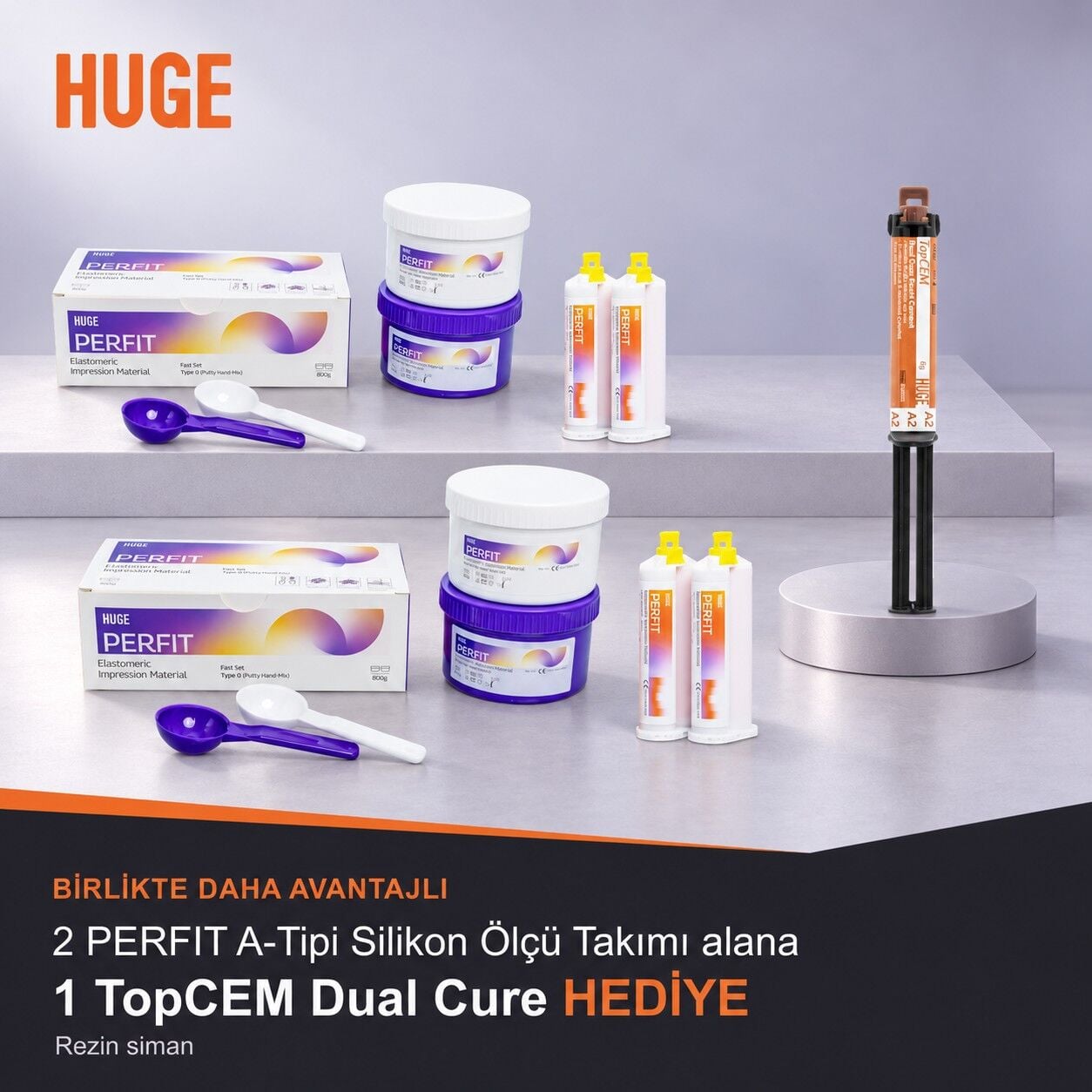 HUGE PERFIT A Tipi Silikon Ölçü Takımı 2 Adet + TopCEM Dual Cure Rezin Siman Hediye