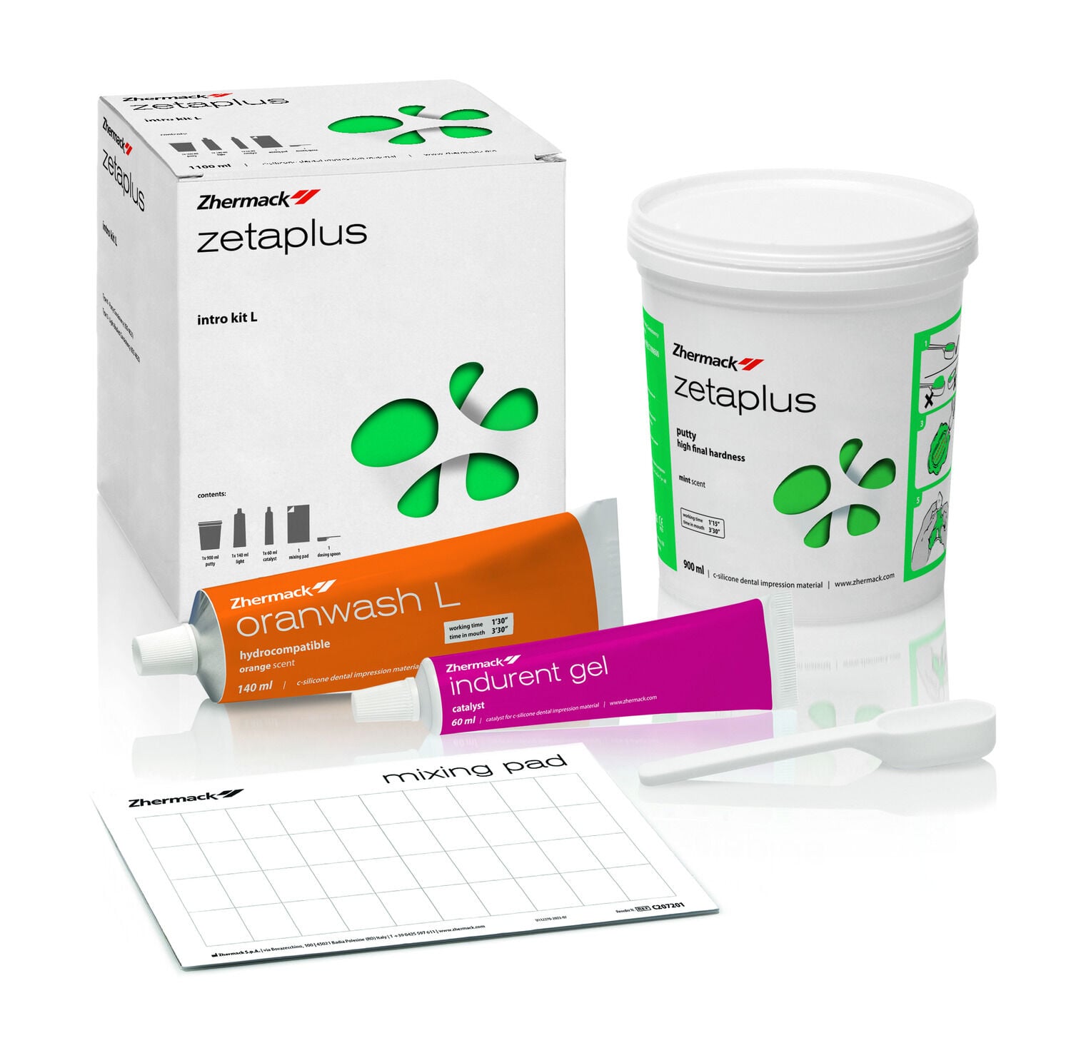 Zhermack Zetaplus L Intro Kit içeriği: putty 900 ml, Oranwash L, Indurent Gel, karıştırma bloğu, ölçü kaşığı