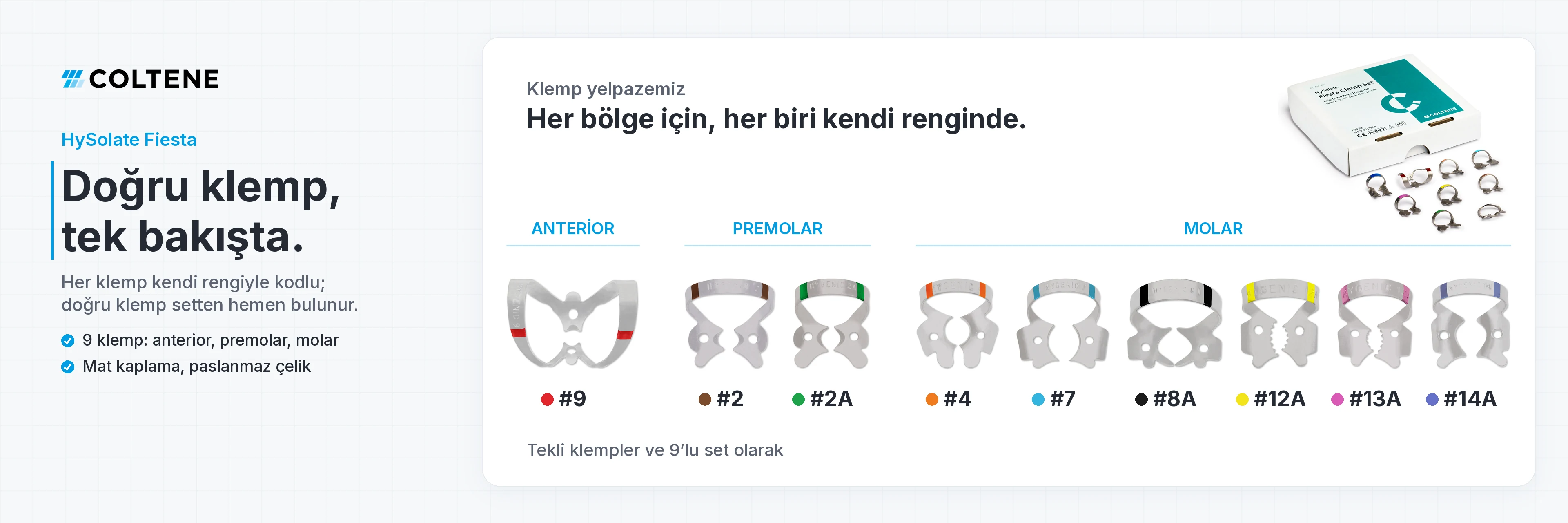 HySolate Fiesta renk kodlu kanatlı rubber dam klempleri: anterior, premolar ve molar