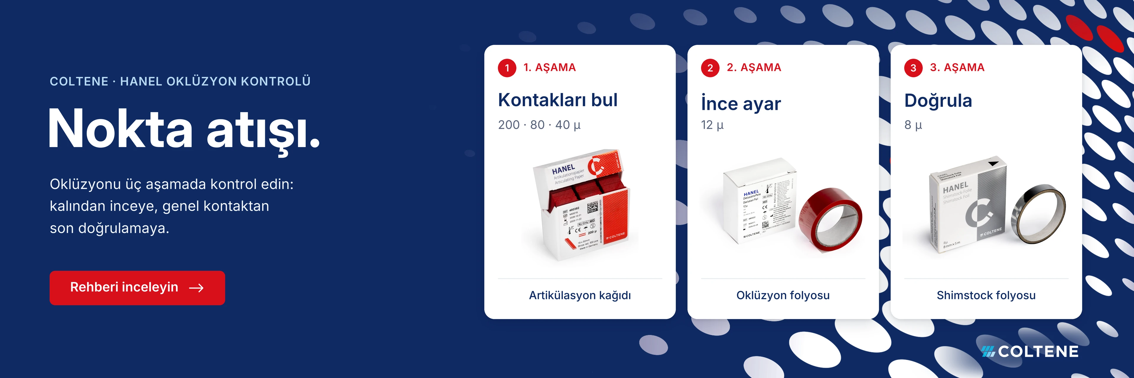 Coltene Hanel oklüzyon kontrolü: artikülasyon kağıdı, oklüzyon folyosu ve Shimstock folyosu ile üç aşamada